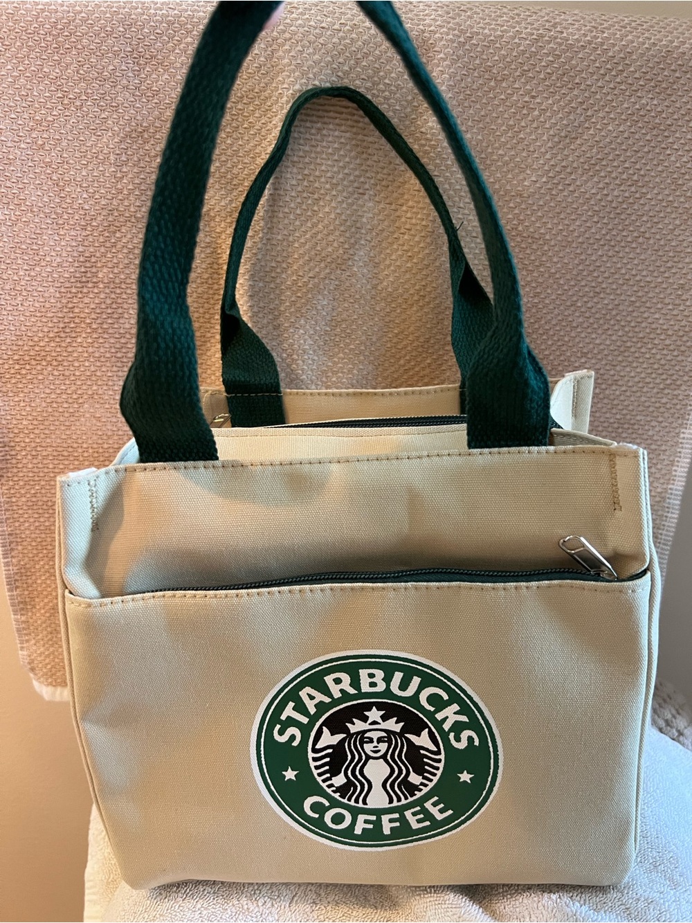 New Starbucks Beige Canvas Messenger Bag with Dark Green Accents